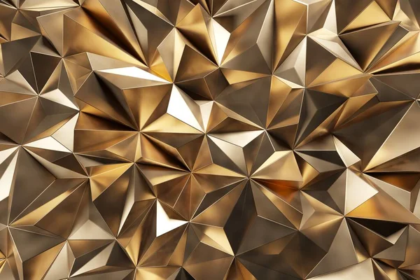 Gold colored metal geometric pattern with triangular shapes. Poligons background. 3d rendering