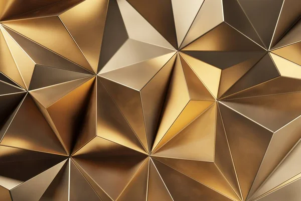 Gold colored metal geometric pattern with triangular shapes. Poligons background. 3d rendering