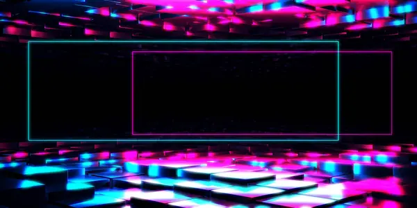 Geometrisch Mock Ontwerp Gloeiende Neon Lichten Tentoonstelling Achtergrond Destructie — Stockfoto