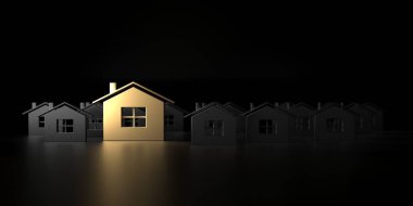Altın ev sembolü seçimi. Karanlık emlak konsepti. 3d oluşturma