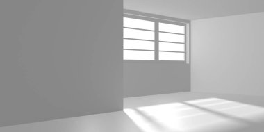 Minimalist oda alanı. Beyaz, temiz, içi boş bir mimari. 3d oluşturma