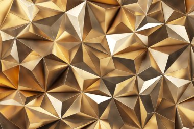 Üçgen şekilli altın renkli metal geometrik desen. Poligon geçmişi. 3d oluşturma