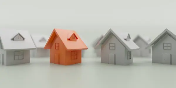 群衆から目立つユニークなオレンジハウス 不動産市場について 3Dレンダリング — ストック写真