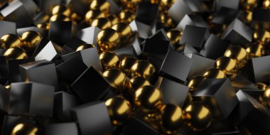 Soyut altın küreler ve siyah arkaplanda koyu küpler. Soyut geometrik duvar kağıdı 3d oluşturma