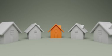 Kalabalığın önünde duran eşsiz turuncu ev. Emlak piyasası. 3d oluşturma