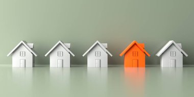 Kalabalığın önünde duran eşsiz turuncu ev. Emlak piyasası. 3d oluşturma