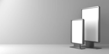 Dijital reklam afişi ticareti. Boş büfe. 3d oluşturma