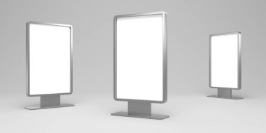 Dijital reklam afişi ticareti. Boş büfe. 3d oluşturma