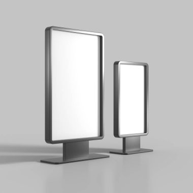Dijital reklam afişi ticareti. Boş büfe. 3d oluşturma