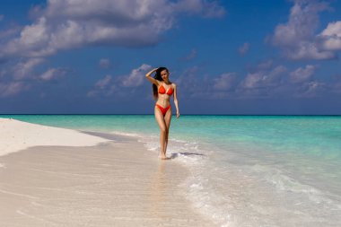 Bikinili genç rastalı kadın, deniz altyapısına karşı poz veriyor. Tropik yaz plajı. Tropikal bir adada dinlenmek
