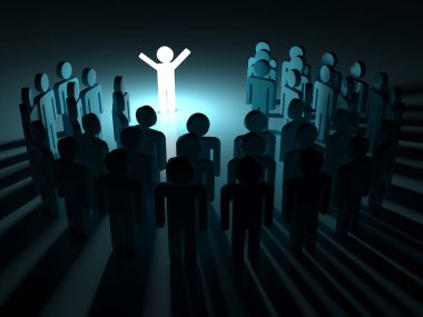 Aydınlatıcı lider. Bir grup insan. Kalabalığın arasında duran bir adam. 3B görüntüleme