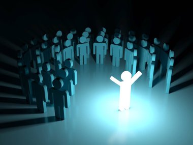 Aydınlatıcı lider. Bir grup insan. Kalabalığın arasında duran bir adam. 3B görüntüleme
