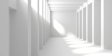 Minimalist oda alanı. Beyaz, temiz, içi boş bir mimari. 3d oluşturma