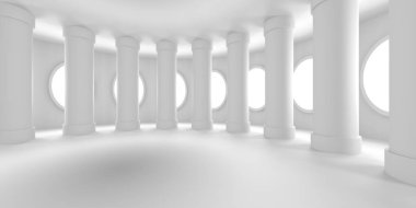 Minimalist oda alanı. Beyaz, temiz, içi boş bir mimari. 3d oluşturma