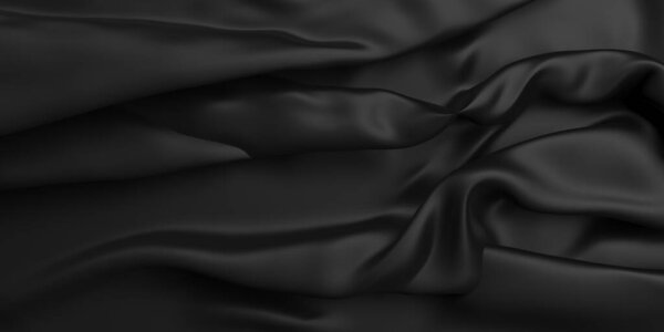 Black dark fabric satin texture. Rippled black silk fabric. 3d rendering