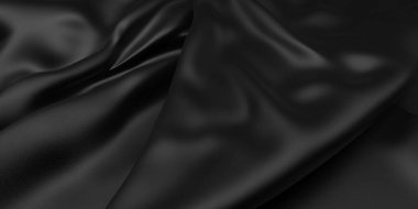 Siyah koyu renkli saten kumaş. Dalgalı siyah ipek kumaş. 3d oluşturma