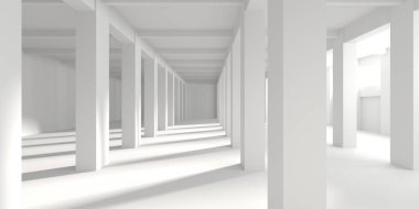 Minimalist oda alanı. Beyaz, temiz, içi boş bir mimari. 3d oluşturma