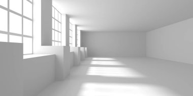 Minimalist oda alanı. Beyaz, temiz, içi boş bir mimari. 3d oluşturma