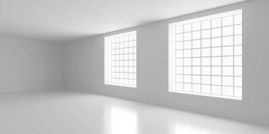 Minimalist oda alanı. Beyaz, temiz, içi boş bir mimari. 3d oluşturma