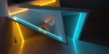 Parlayan neon ışıkları olan soyut, karanlık beton bir iç mekan. 3d oluşturma