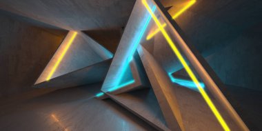 Parlayan neon ışıkları olan soyut, karanlık beton bir iç mekan. 3d oluşturma
