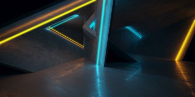 Parlayan neon ışıkları olan soyut, karanlık beton bir iç mekan. 3d oluşturma