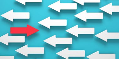 İlham fikir konsepti. Karşıt pazarlama stratejisi. Beyaz oklar ve göze çarpan bir kırmızı ok. 3d oluşturma