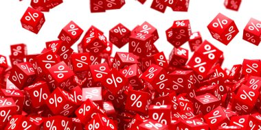 Semboller düşüyor. Red Percent Satış Küpleri. Finans konsepti. 3d oluşturma