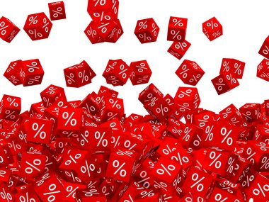 Semboller düşüyor. Red Percent Satış Küpleri. Finans konsepti. 3d oluşturma