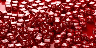 Semboller düşüyor. Red Percent Satış Küpleri. Finans konsepti. 3d oluşturma