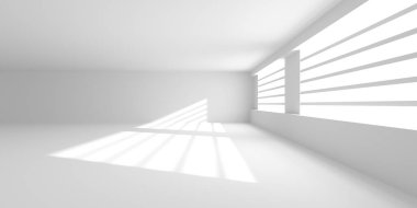 Minimalist oda alanı. Beyaz, temiz, içi boş bir mimari. 3d oluşturma