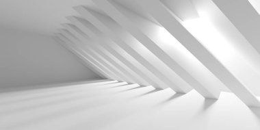 Minimalist oda alanı. Beyaz, temiz, içi boş bir mimari. 3d oluşturma