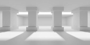 Minimalist oda alanı. Beyaz, temiz, içi boş bir mimari. 3d oluşturma