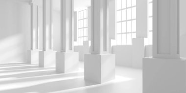 Minimalist oda alanı. Beyaz, temiz, içi boş bir mimari. 3d oluşturma