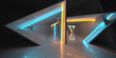 Parlayan neon ışıkları olan soyut, karanlık beton bir iç mekan. 3d oluşturma