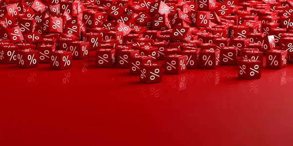 Pourcentage Symboles Tombant Rouge Pour Cent Vente Cubes Concept Finance — Photo