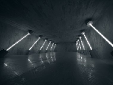 Karanlık odada neon ve neon ışıklar. Fütürist bilimkurgu parlayan ışıkları. 3d oluşturma