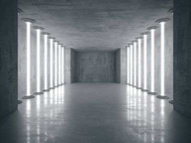 Karanlık odada neon ve neon ışıklar. Fütürist bilimkurgu parlayan ışıkları. 3d oluşturma