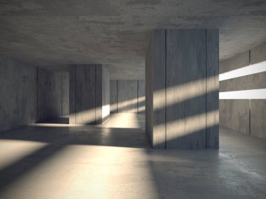 Soyut boş modern iç mekan. Beton duvarlar. Mimarlık geçmişi. 3d oluşturma