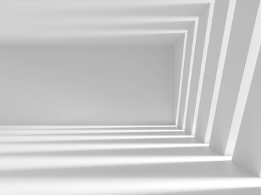 Minimalist oda alanı. Beyaz, temiz, içi boş bir mimari. 3d oluşturma