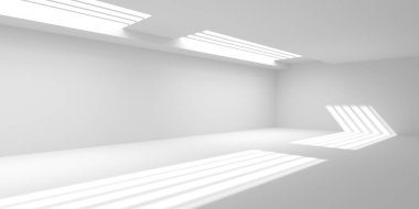Minimalist oda alanı. Beyaz, temiz, içi boş bir mimari. 3d oluşturma