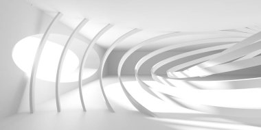 Minimalist oda alanı. Beyaz, temiz, içi boş bir mimari. 3d oluşturma