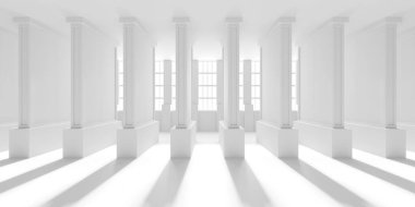 Minimalist oda alanı. Beyaz, temiz, içi boş bir mimari. 3d oluşturma