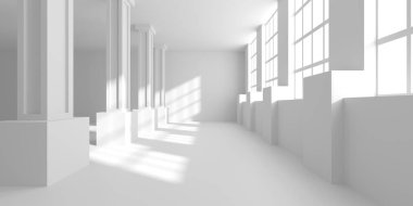 Minimalist oda alanı. Beyaz, temiz, içi boş bir mimari. 3d oluşturma