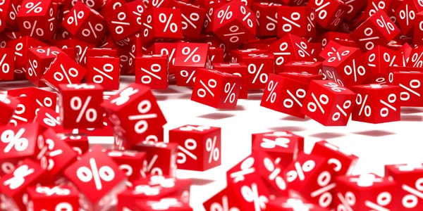 Semboller düşüyor. Red Percent Satış Küpleri. Finans konsepti. 3d oluşturma