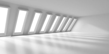 Minimalist oda alanı. Beyaz, temiz, içi boş bir mimari. 3d oluşturma