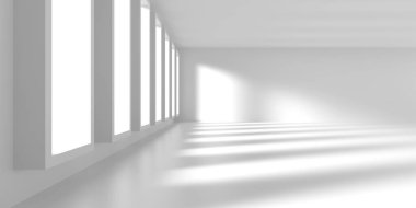 Minimalist oda alanı. Beyaz, temiz, içi boş bir mimari. 3d oluşturma