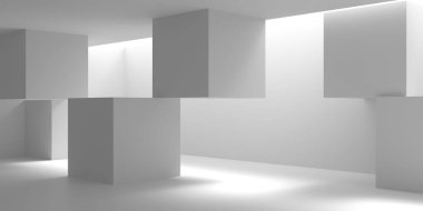 Minimalist oda alanı. Beyaz, temiz, içi boş bir mimari. 3d oluşturma