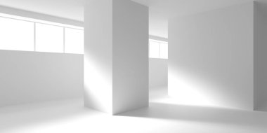 Minimalist oda alanı. Beyaz, temiz, içi boş bir mimari. 3d oluşturma