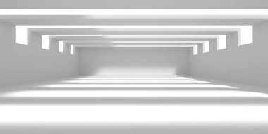 Minimalist oda alanı. Beyaz, temiz, içi boş bir mimari. 3d oluşturma